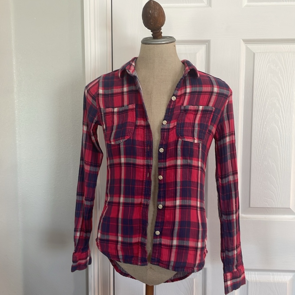 Mossimo long sleeve button down flannel plaid pockets elbow patches pink blue XS
